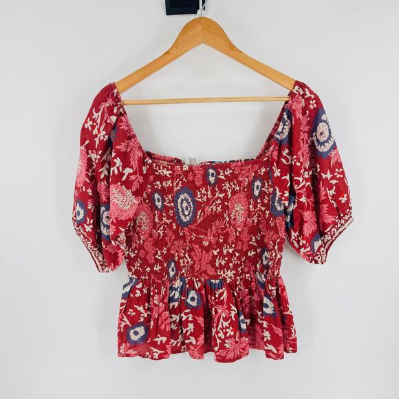Jennifer Grace Red Boho Smocked Peplum Top Puff Sleeve Floral Size Large - Picture 1 of 6